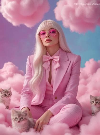 Retrato artístico de una mjer setanda entre nubes de algodon