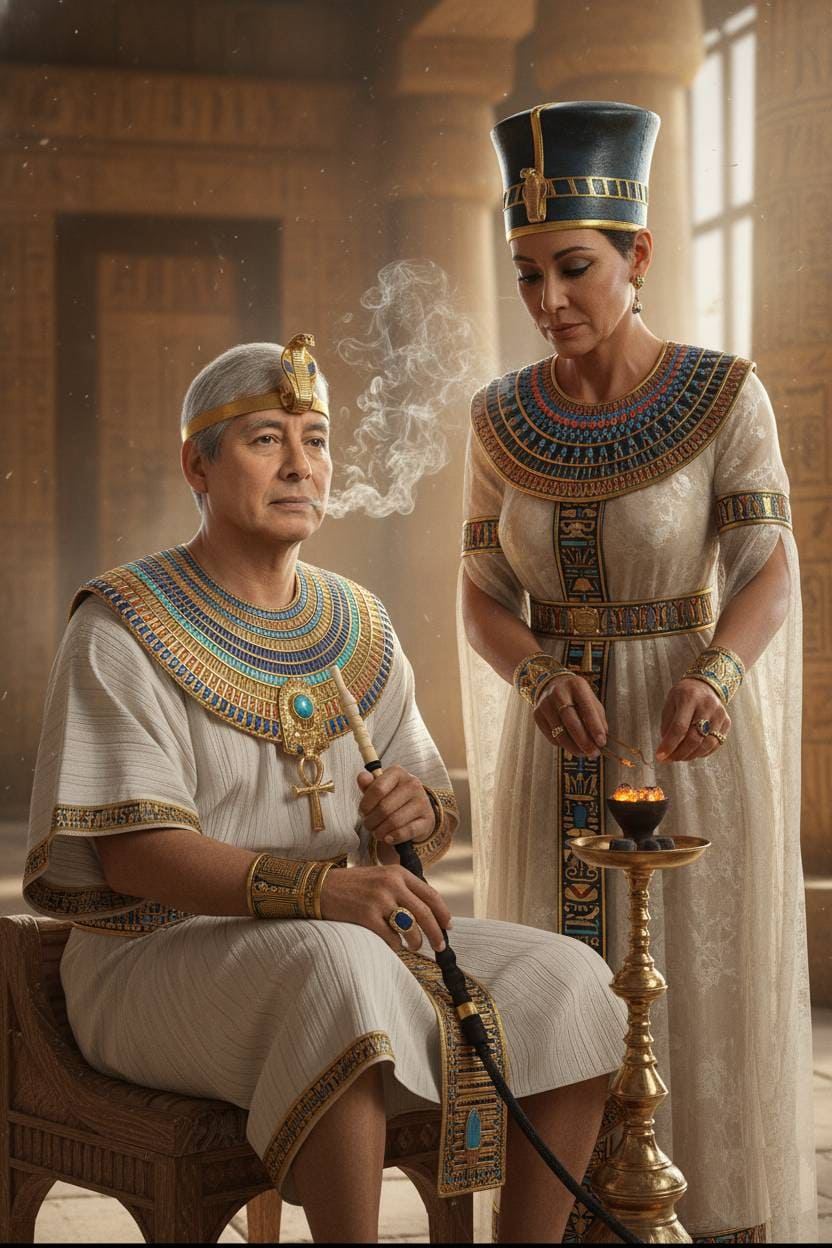 Faraón egipcio, sentado en una pose reflexiva