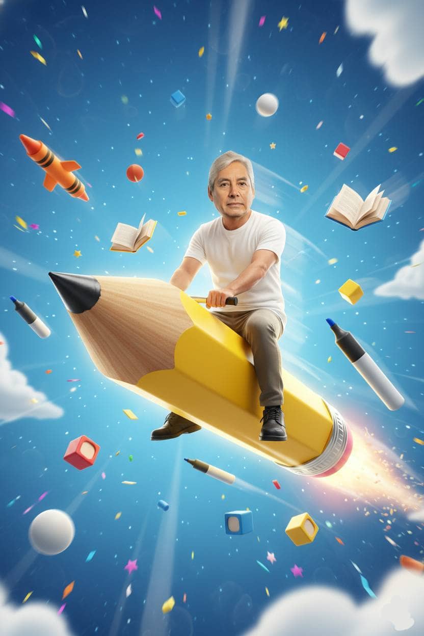 Hombre viajando en un lápiz amarillo