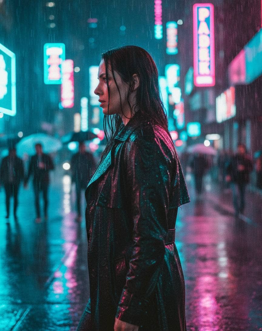 Woman walking through a neon-lit futuristic city