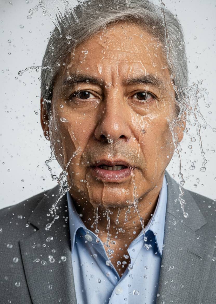 Water splashing dramatically over face