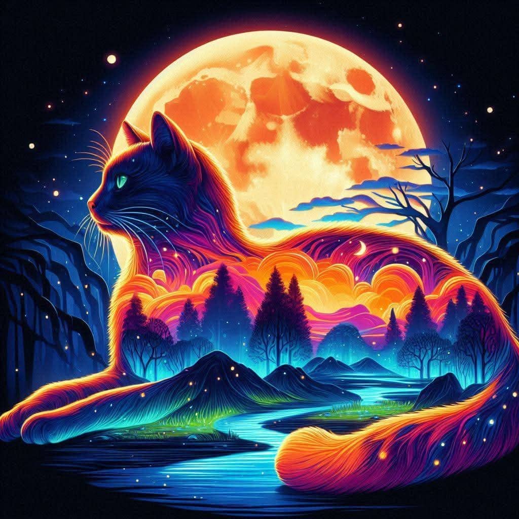 Cat Dreamscape Under the Moonlight 
