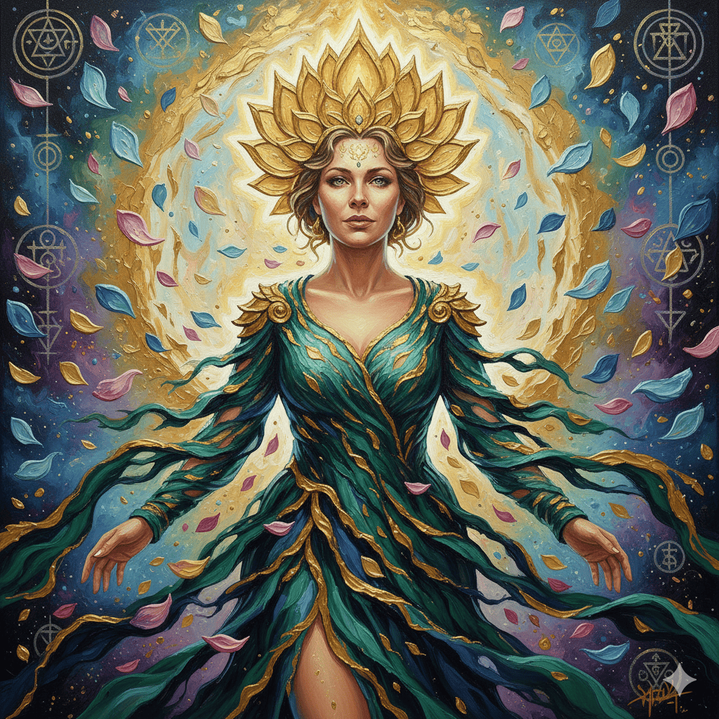 Deidad ascendida coronada de loto emergiendo de un portal de luz sagrada