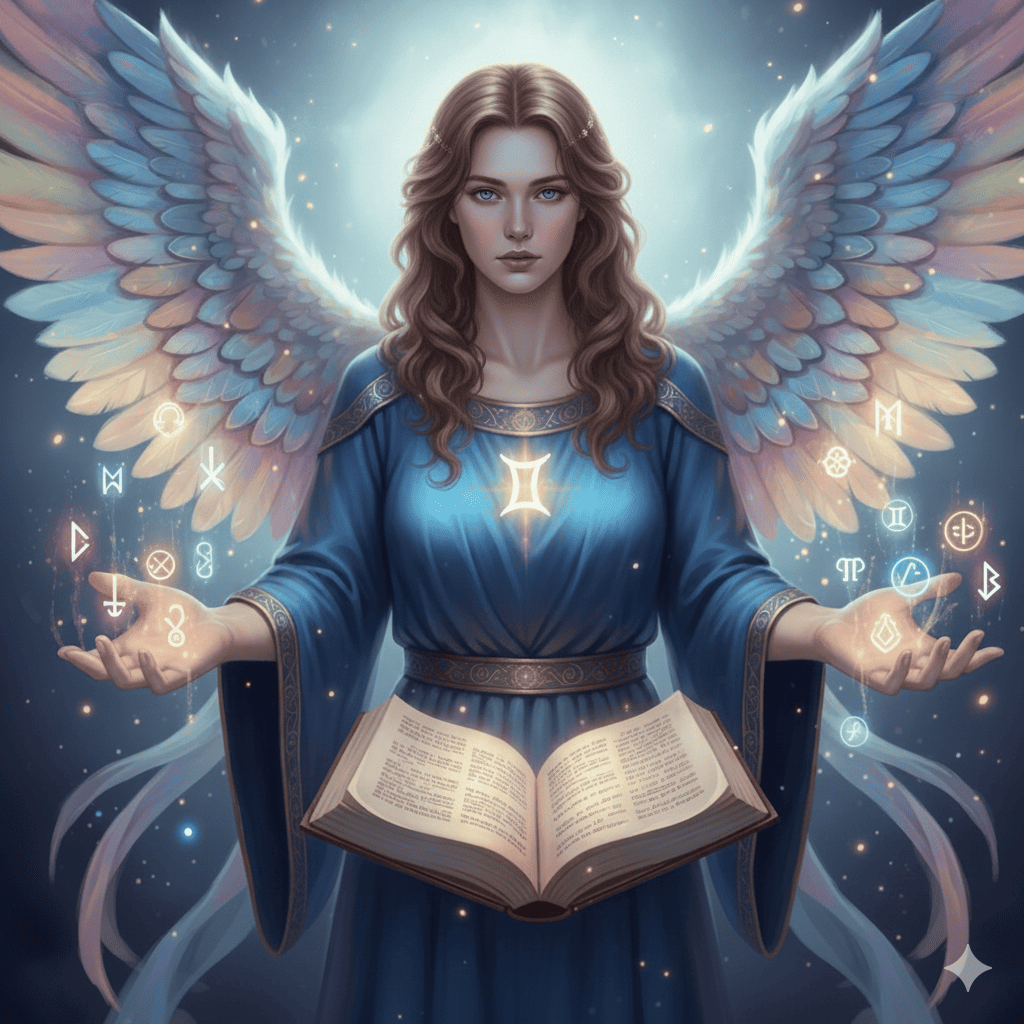 Ángel andrógino de doble rostro con símbolos místicos