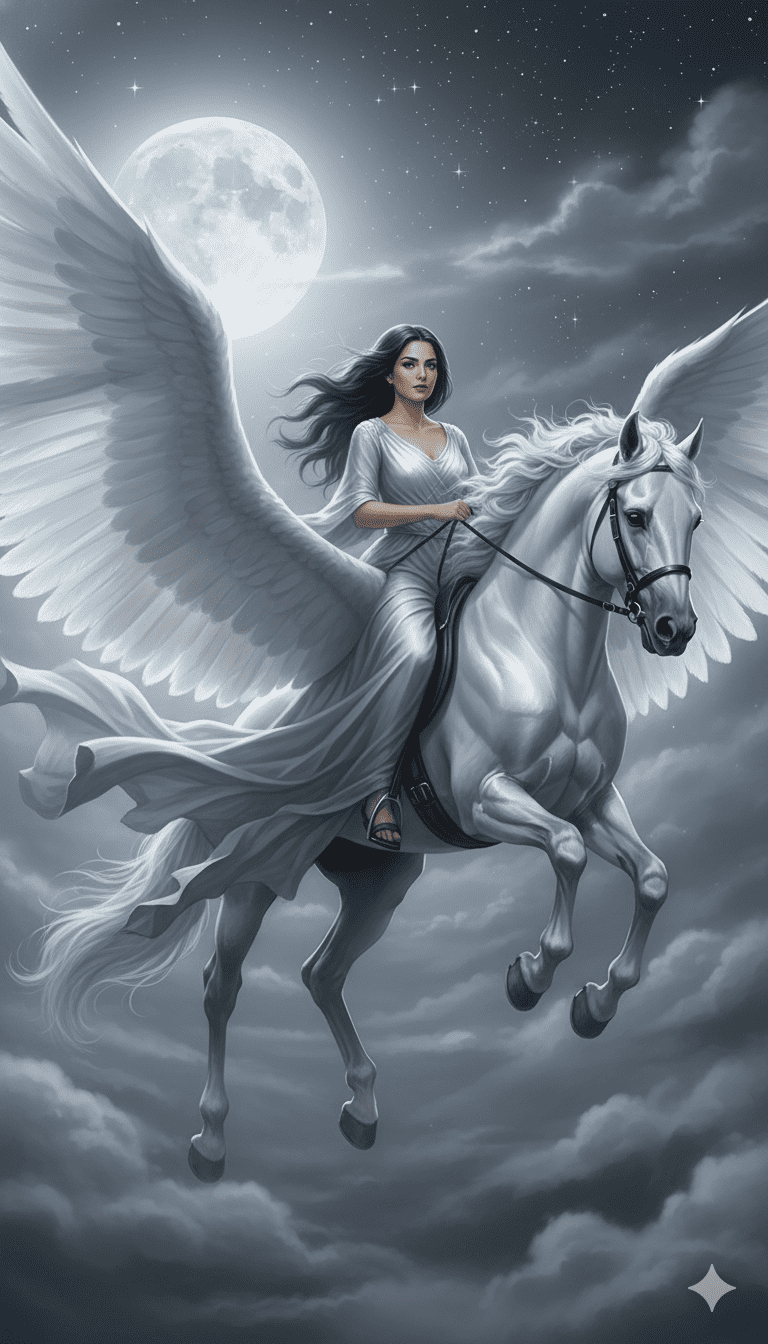 Una mujer valiente y elegante en caballo volador