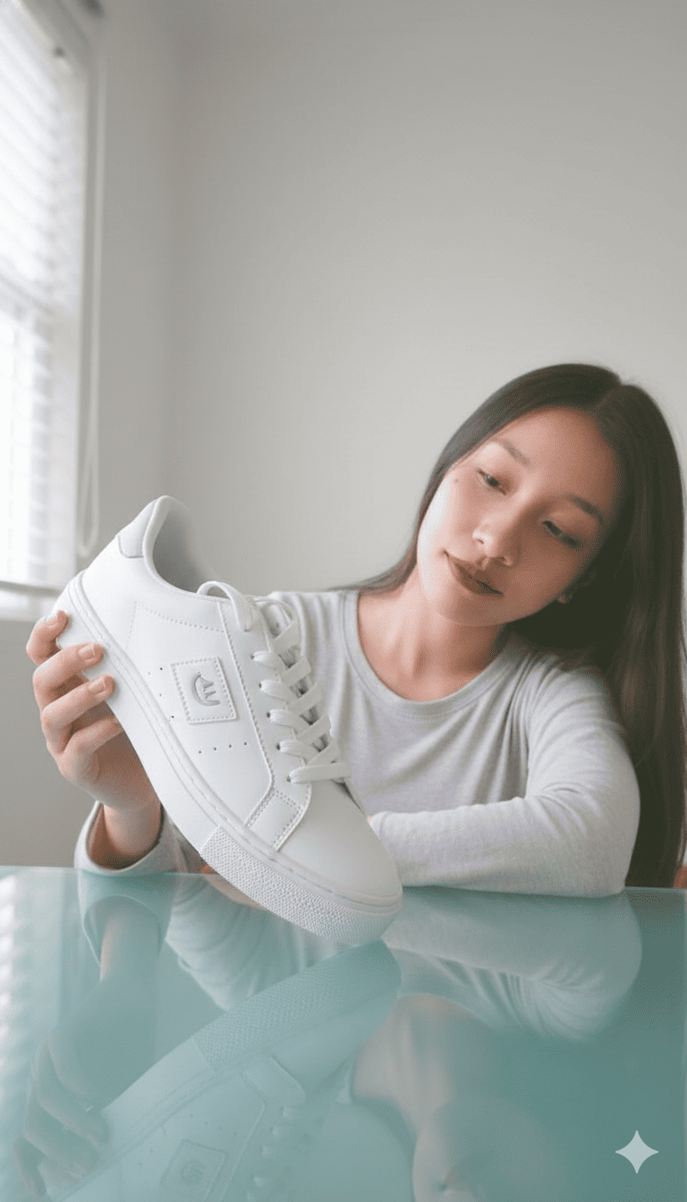 Joven mostrando zapatillas 