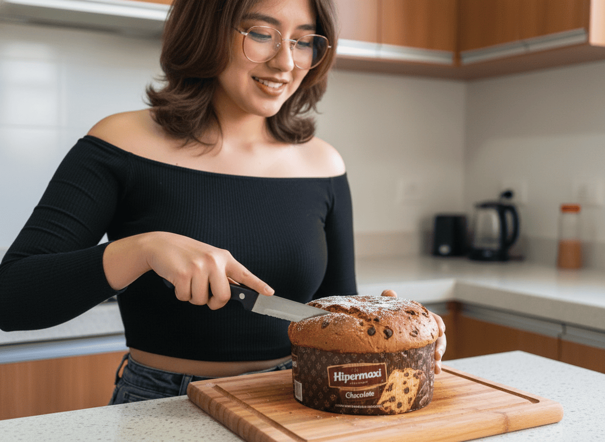 Joven partiendo un paneton 