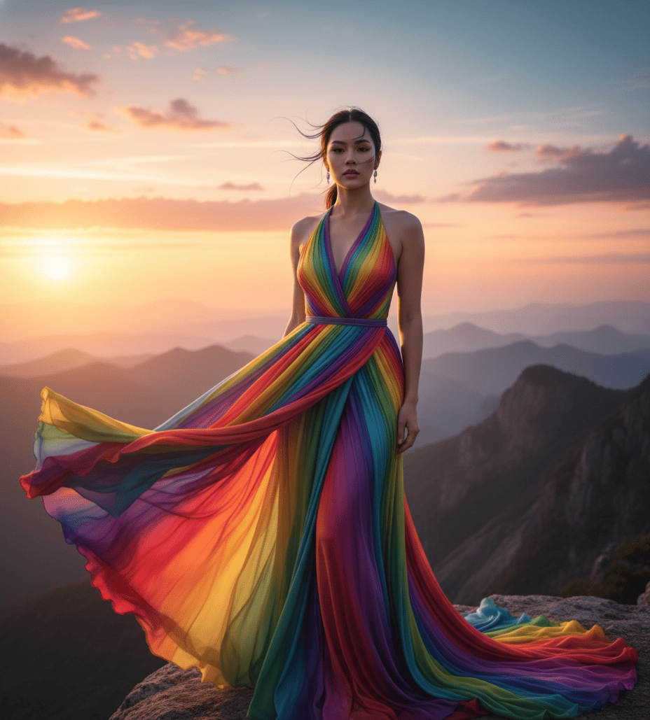 Mujer en montaña con vestido de arcoiris 