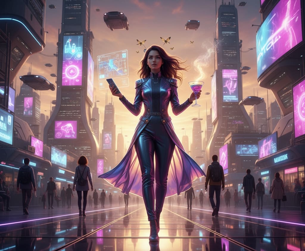 La chica del atardecer tecnologíco