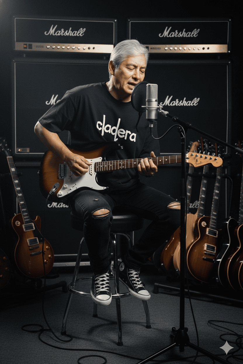 Playing a Fender Stratocaster electric guitar