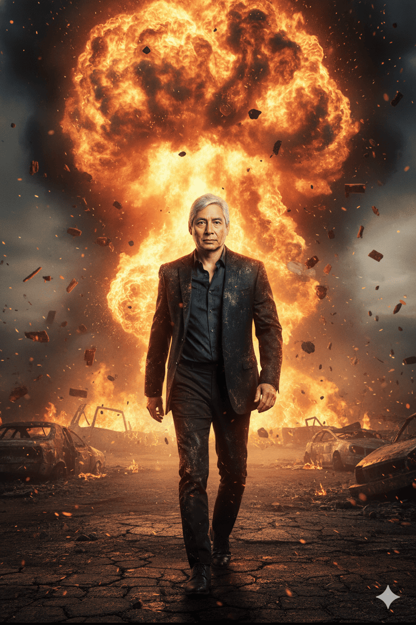 Explosion with battle-worn