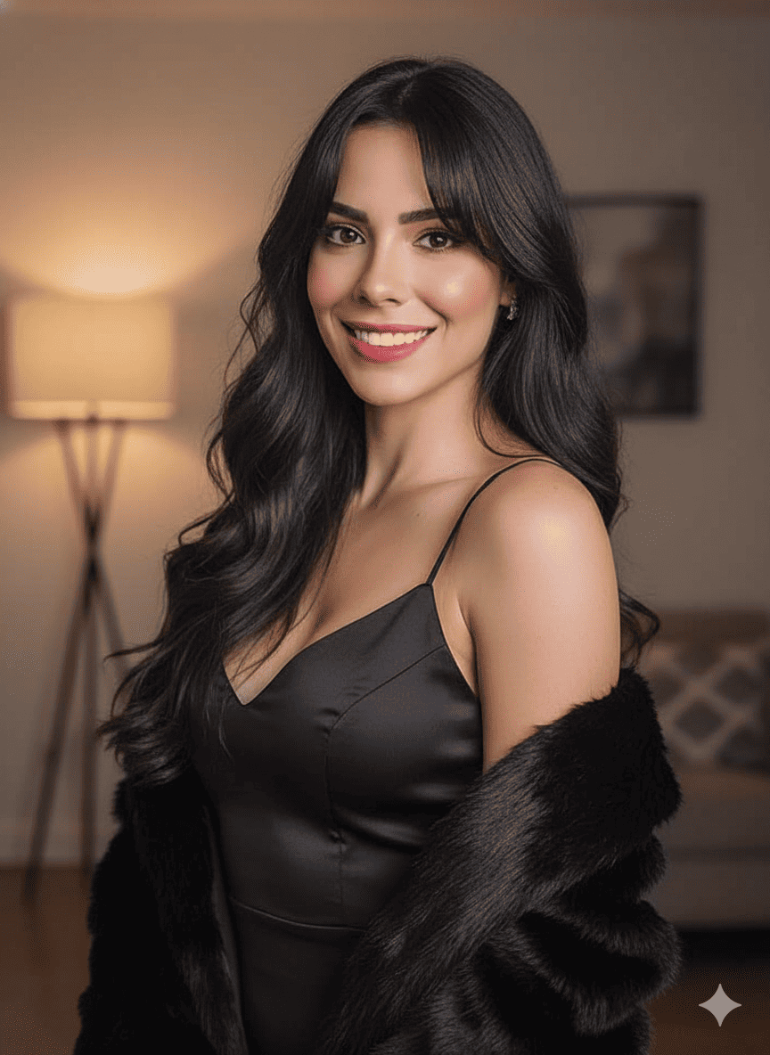 Young woman with long, voluminous wavy black hair 