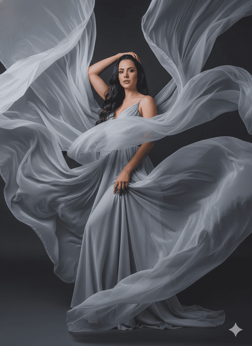 Woman in flowing gray