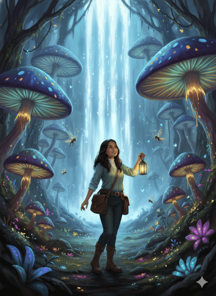 Exploradora en el Reino de los Hongos Gigantes