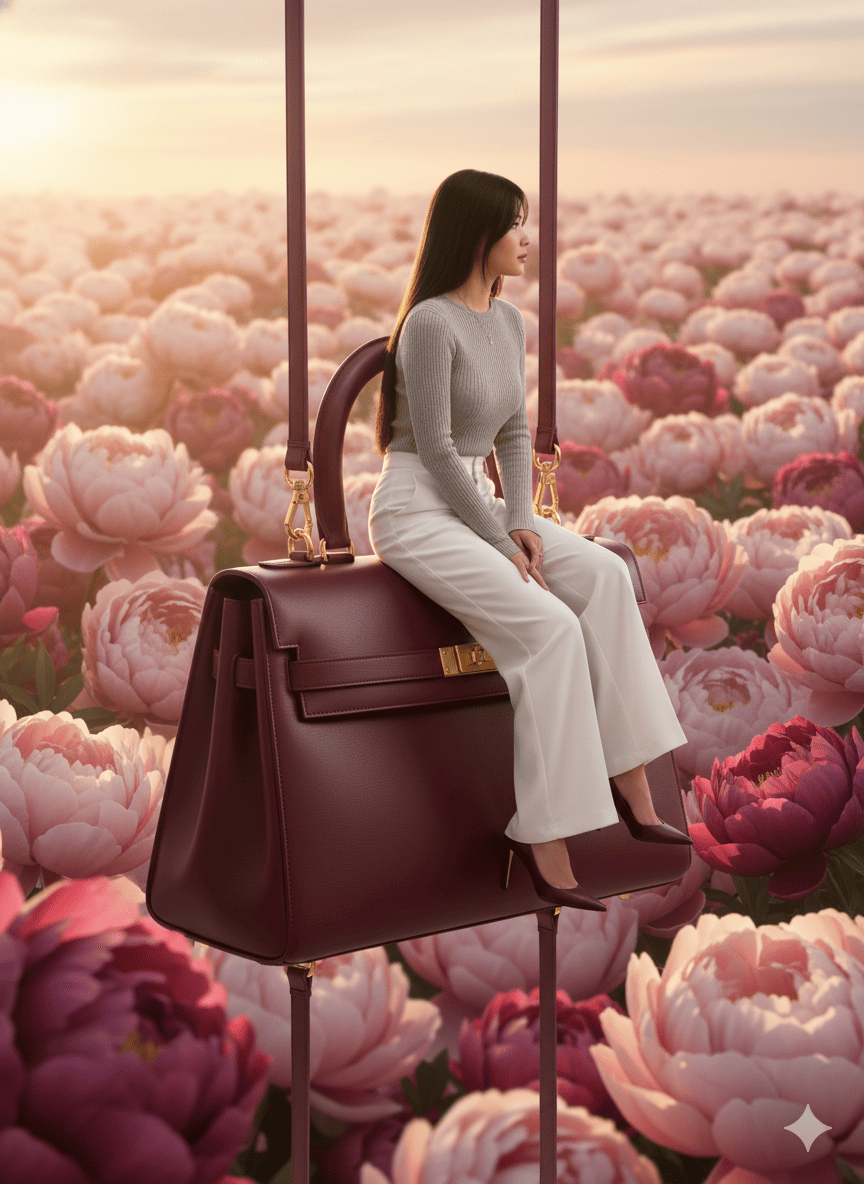 Cartera gigante en campo de flores