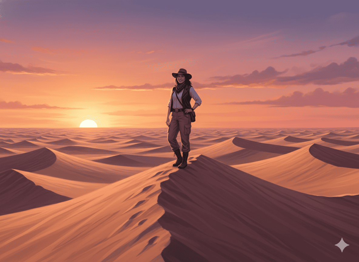 Aventurera en el Desierto al Atardecer
