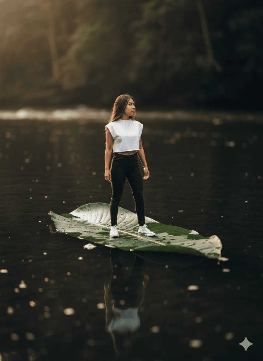 Mujer diminuta flotanto en una hoja sobre el agua