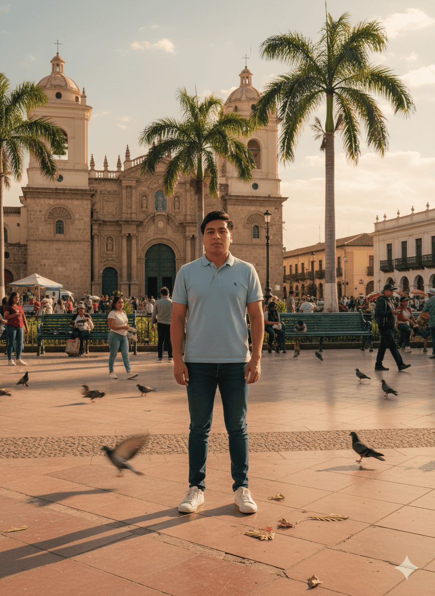 De pie en el centro de la Plaza 24 de Septiembre – Santa Cruz de la Sierra, Bolivia
