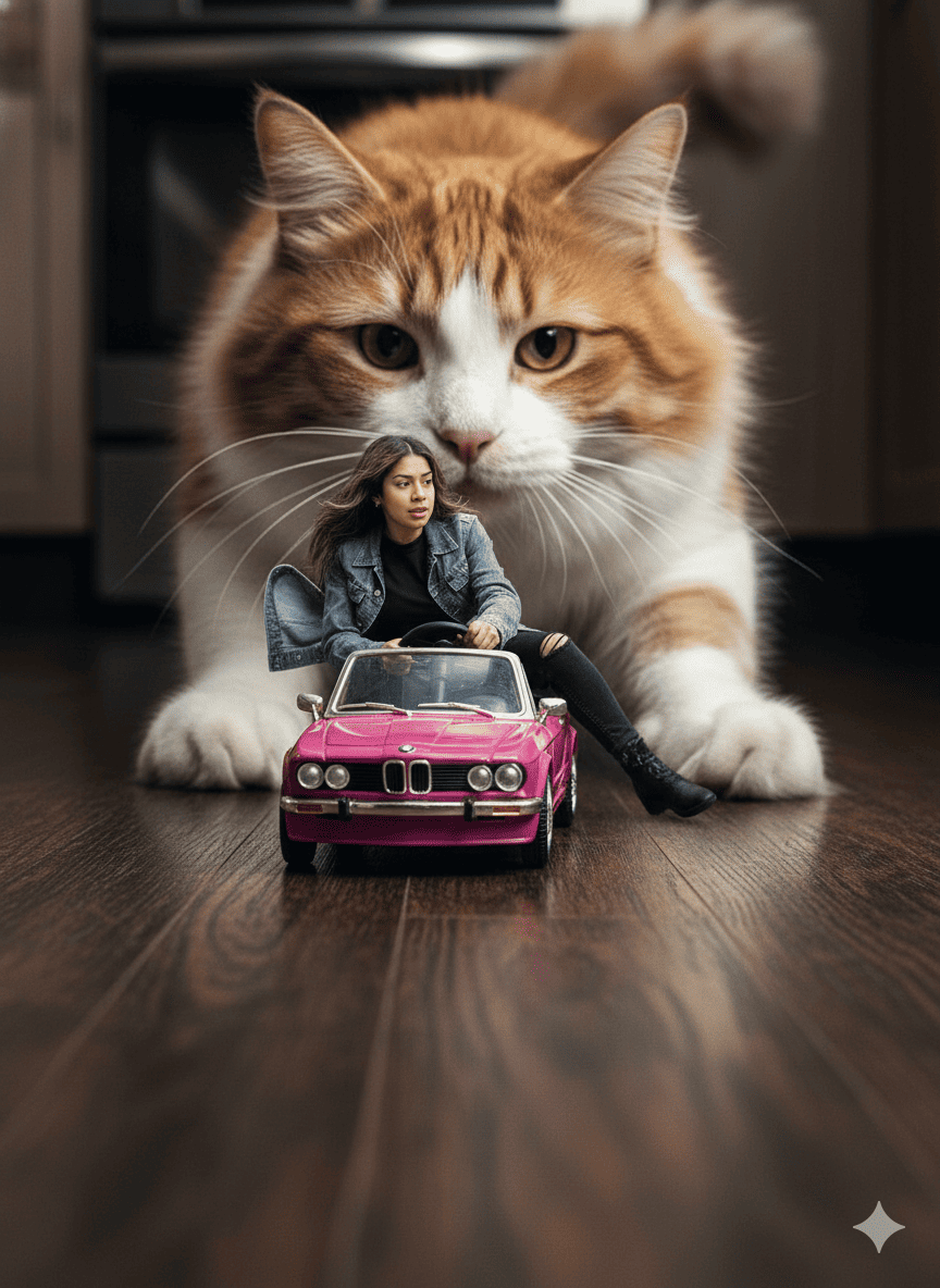 Gato persiguiendo auto en miniatura