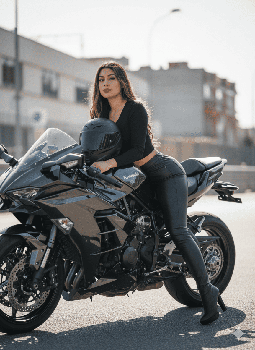 Mujer en motocicleta Kawasaki