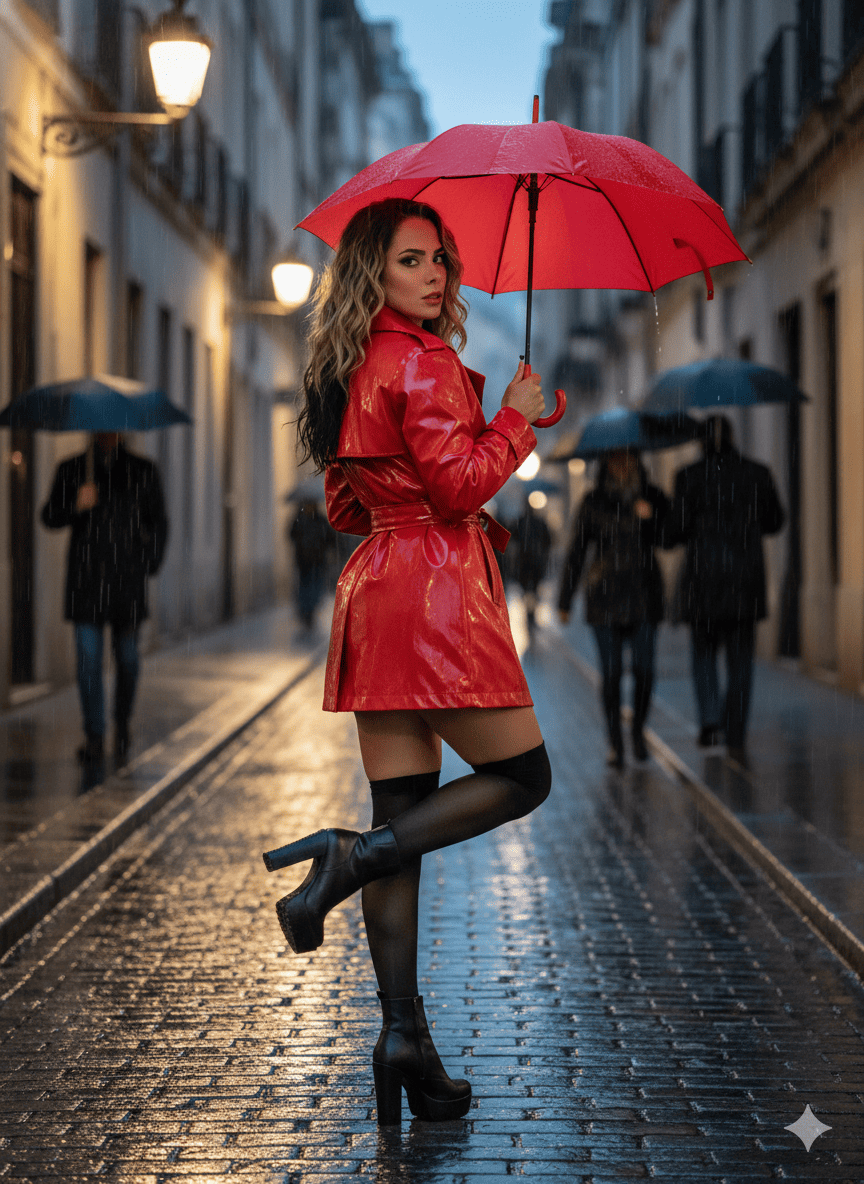 Mujer de rojo bajo la lluvia