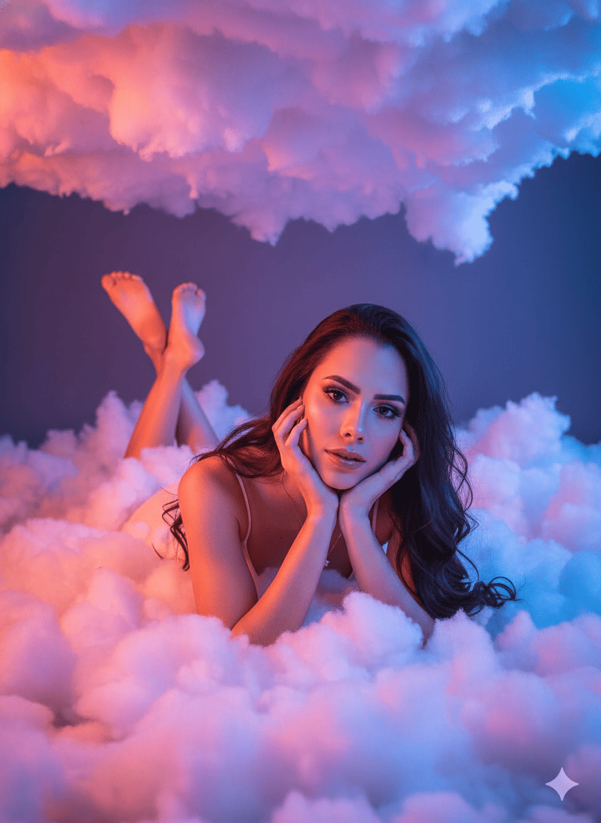 Mujer acostada entre nubes artificiales