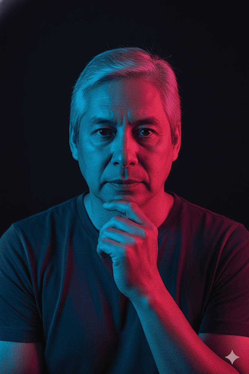 A Man with a beard, illuminated by dramatic dual-colored lighting