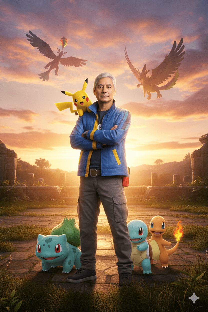 He is surrounded by friendly Pokémon