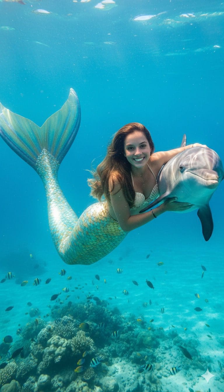 Sirena con delfin en el mar