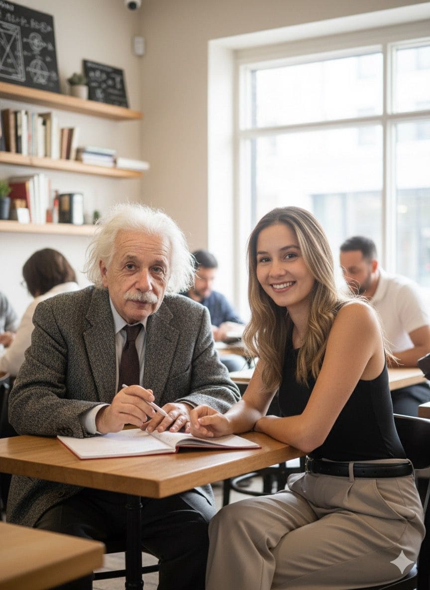 Mujer estudiando con Albert Einstein