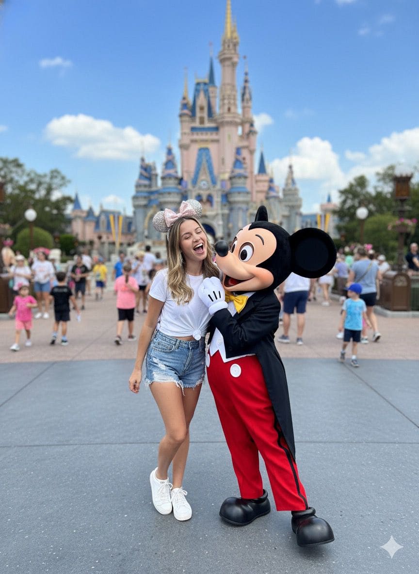 Mujer en Disney con Mickey Mouse