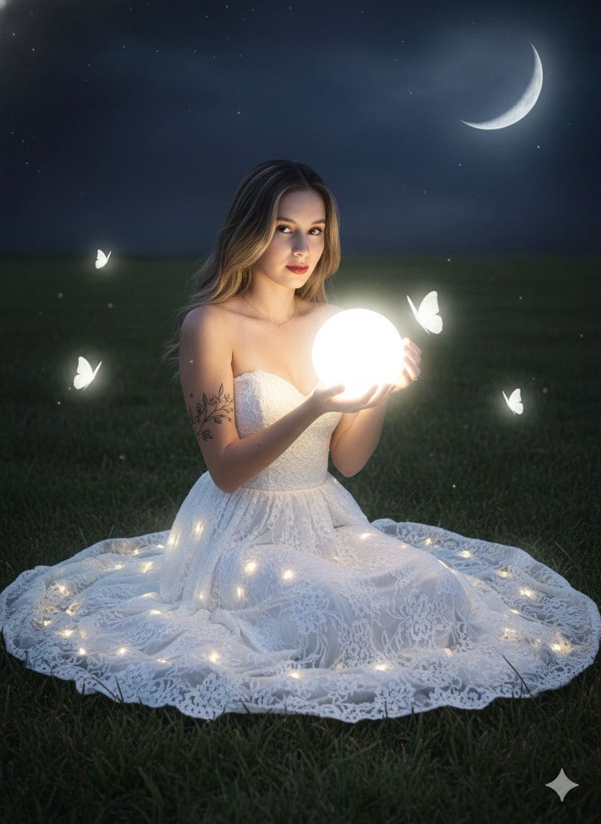 Mujer con luces blancas y mariposas