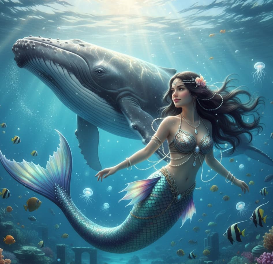 Sirena acompañada de una ballena