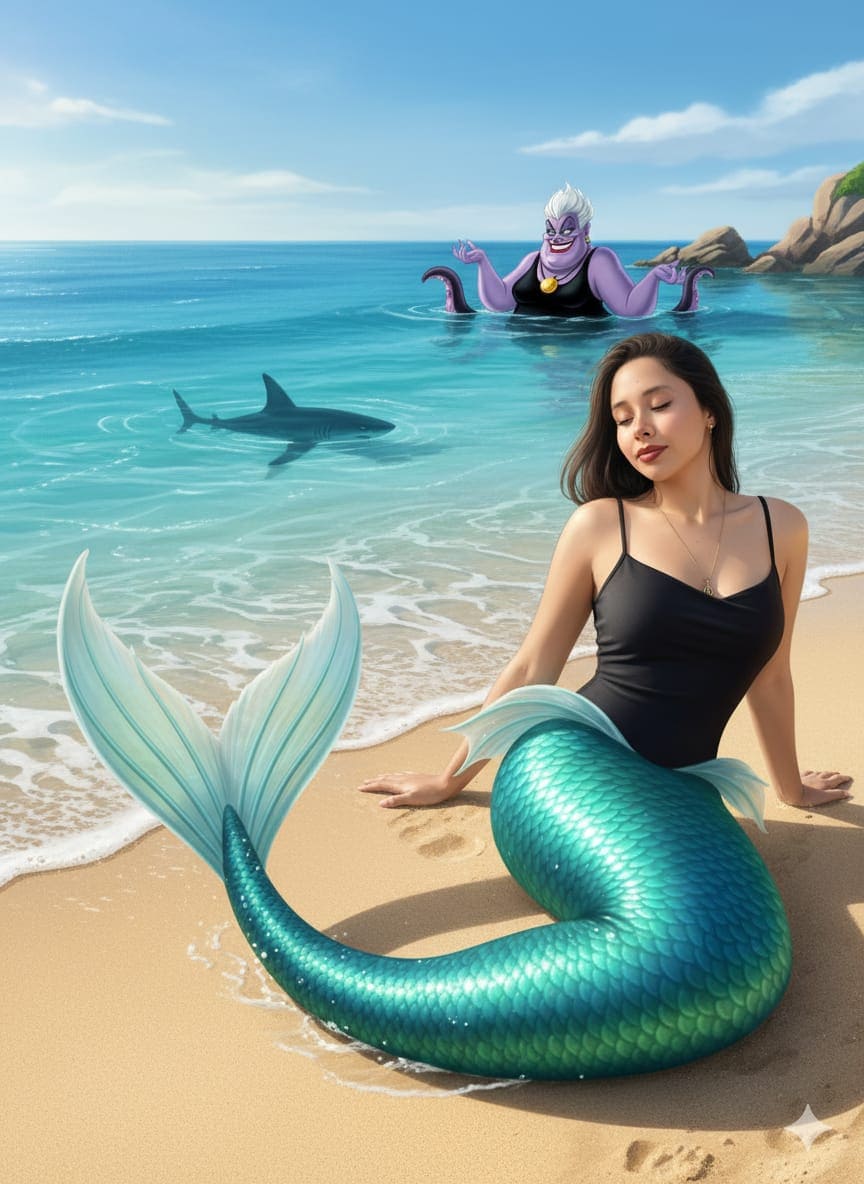 Sirena tomando el sol en la playa de Cancún 