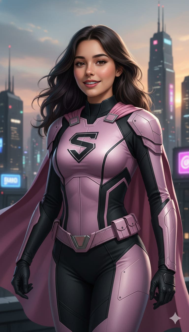 Superheroina con traje color morado y negro 