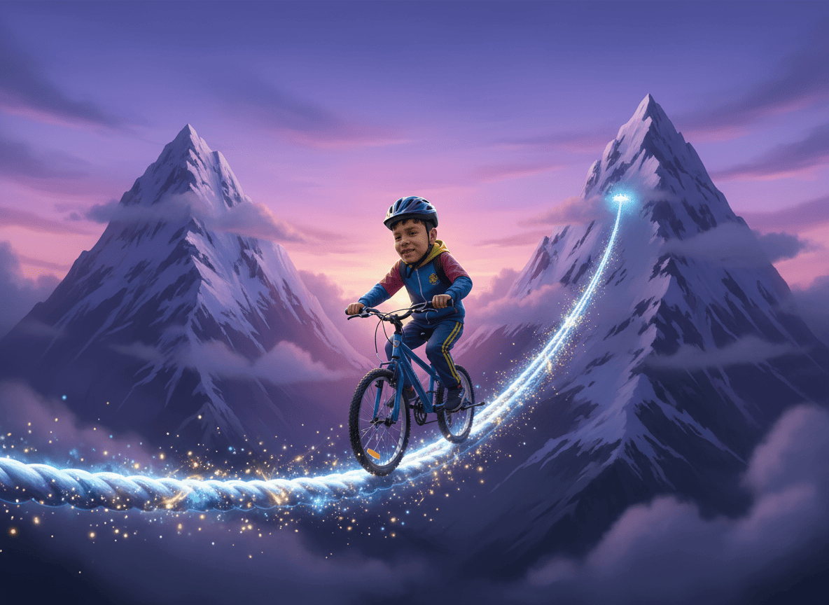 Niño en bicicleta sobre una cuerda
