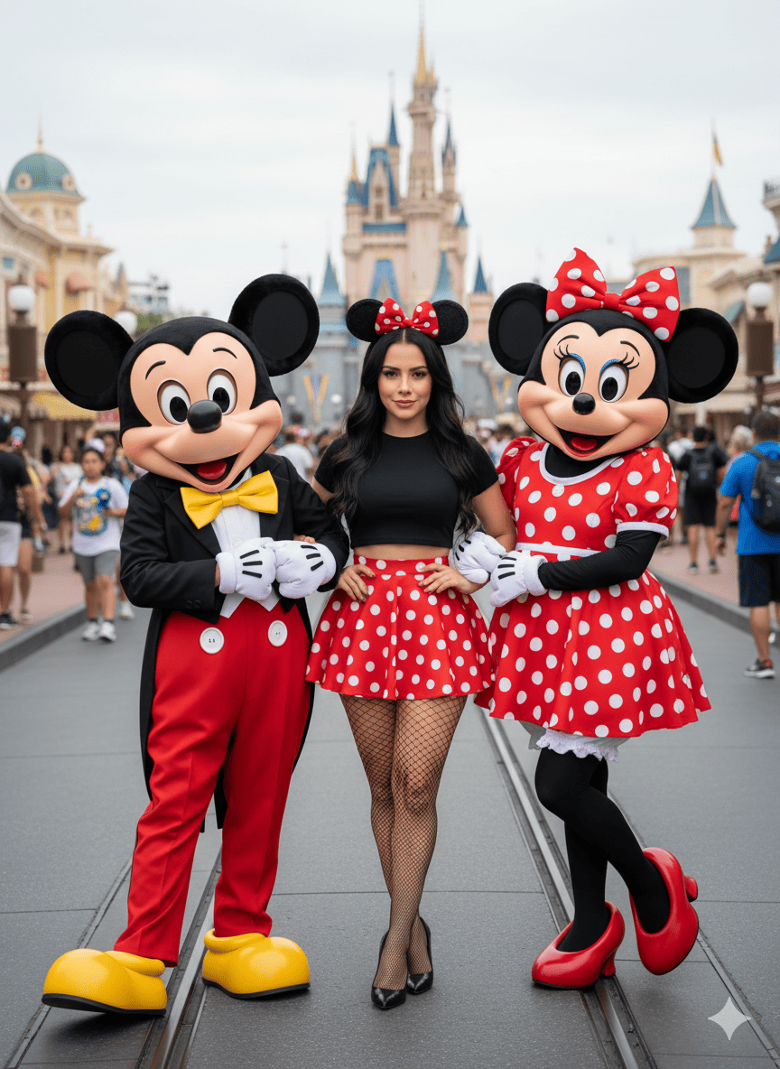 Girl standing between Mickey Mouse and Minnie Mouse 