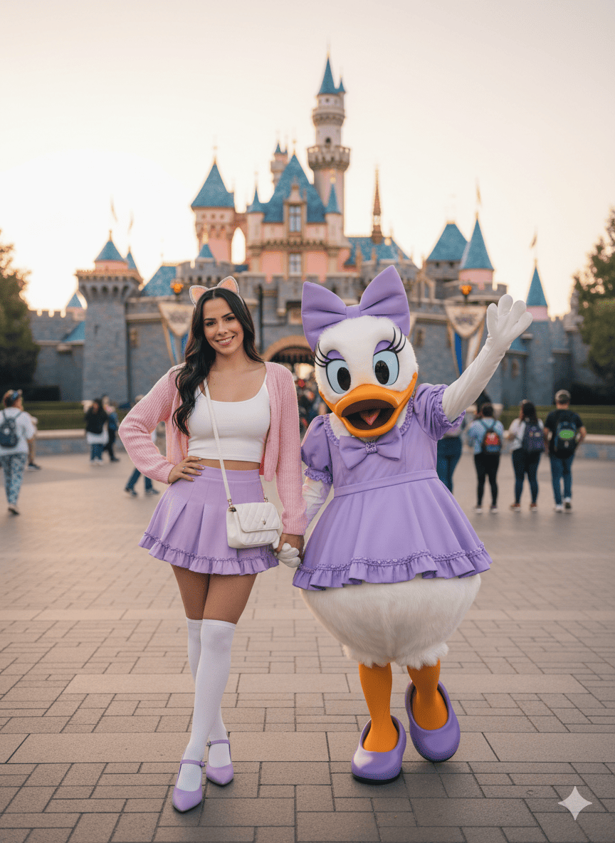 Girl and Daisy Duck posing 