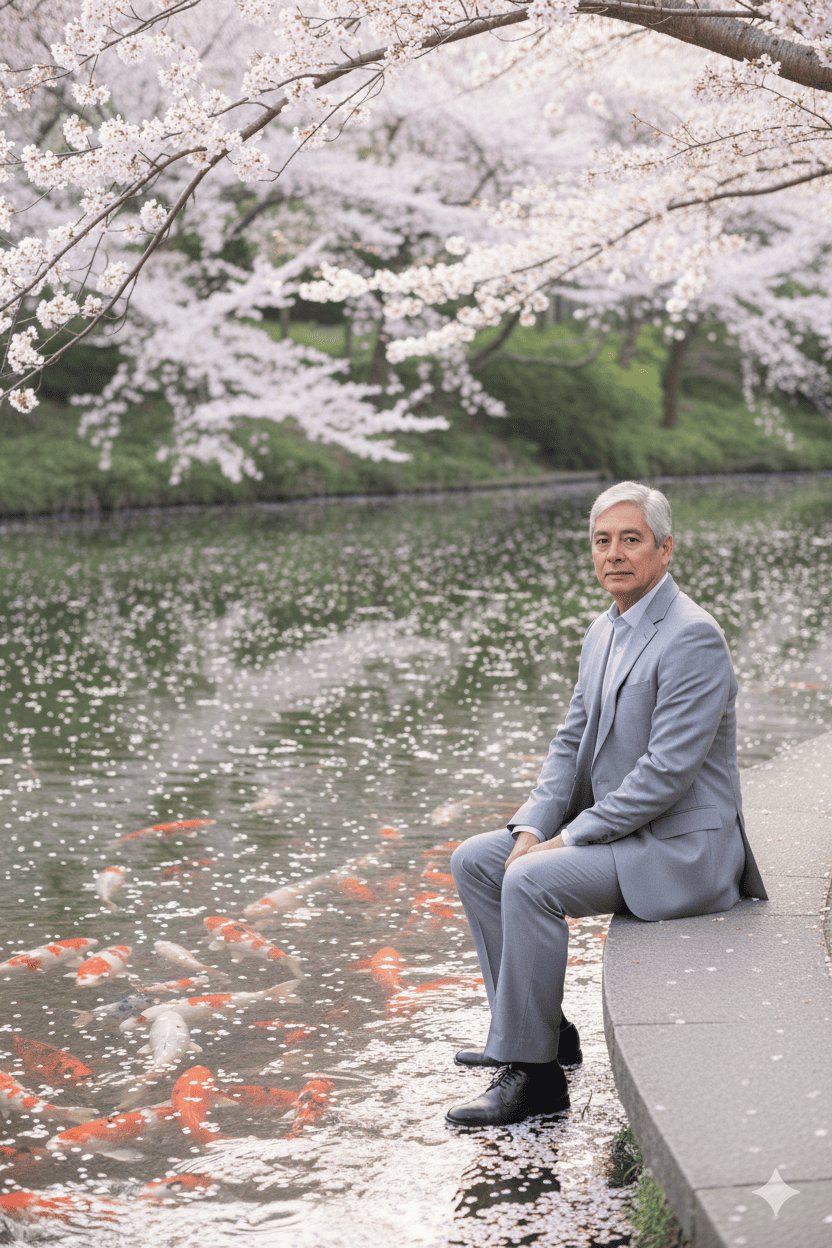 Sitting beside a pond filled with colorful koi fish