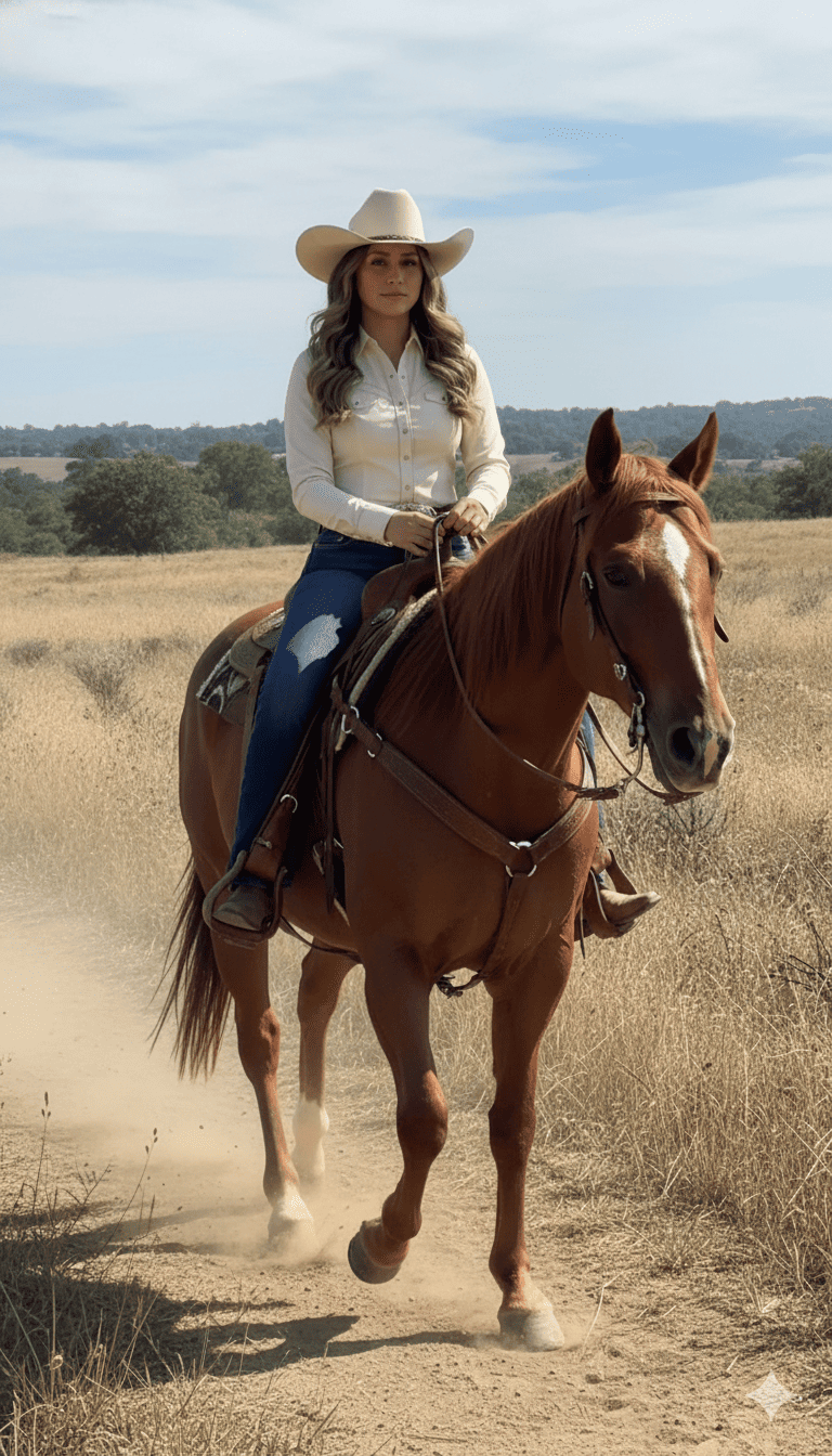 Mujer vaquera montando a caballo en campo abierto