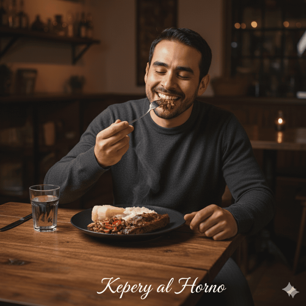 Hombre comiendo kepery al horno