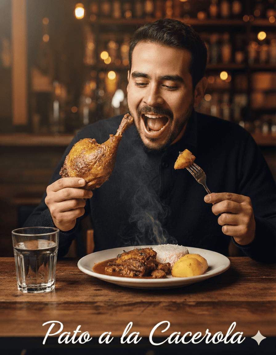 Hombre comiendo pato a la cacerola