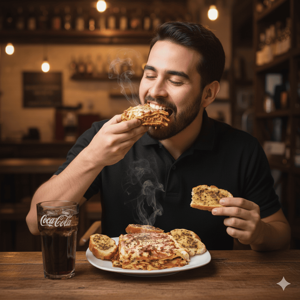 Hombre comiendo lasaña