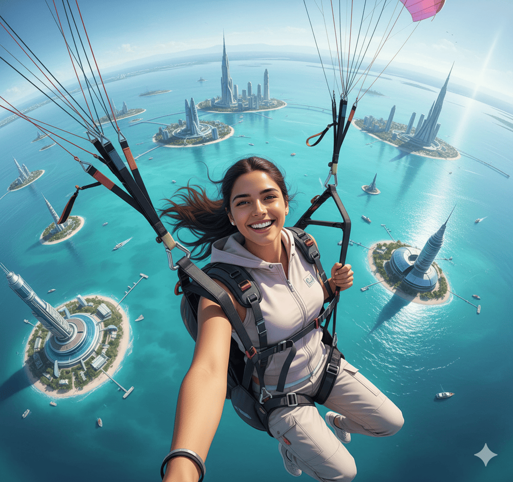 Selfie en caída libre sobre islas futuristas