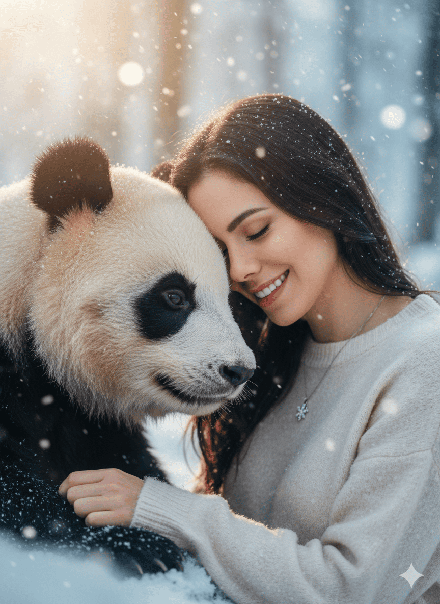 Woman her face closely a panda