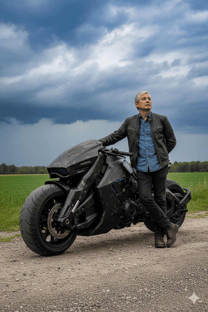 Standing beside a batcycle 