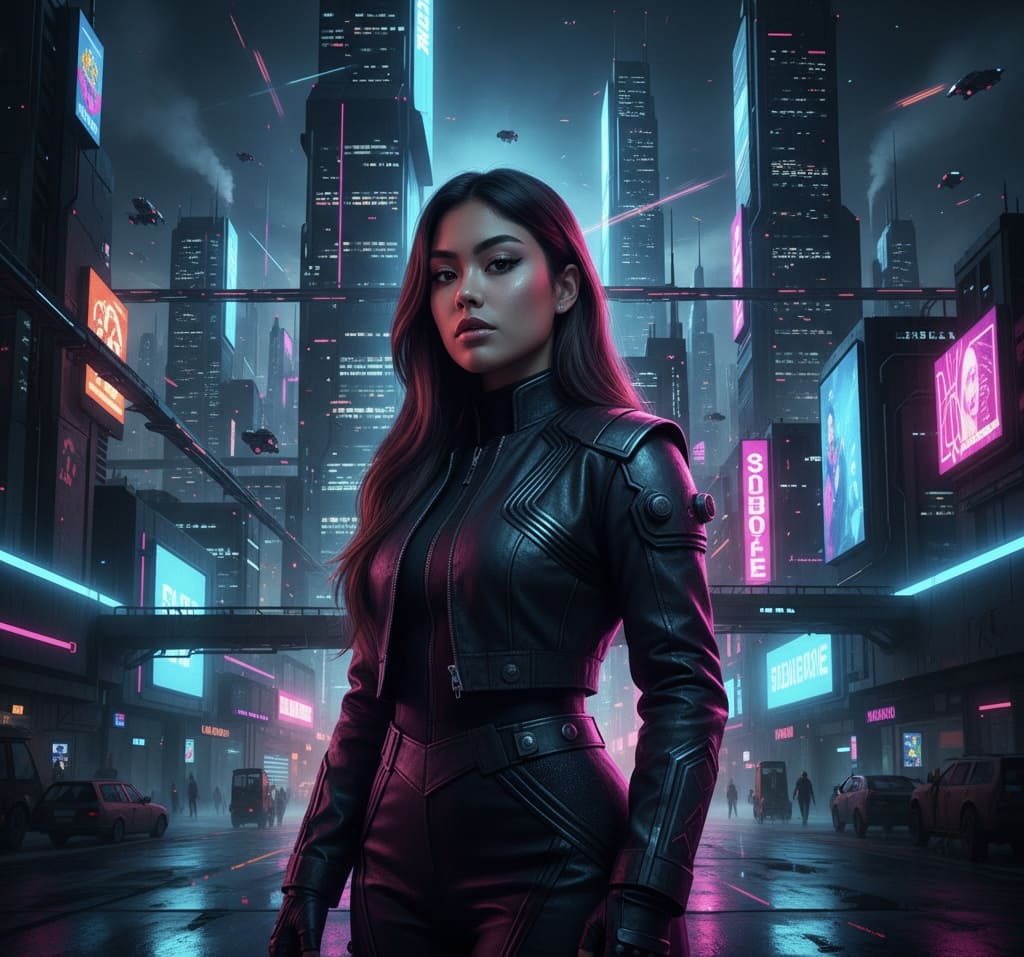 Mujer en ciudad futurista 