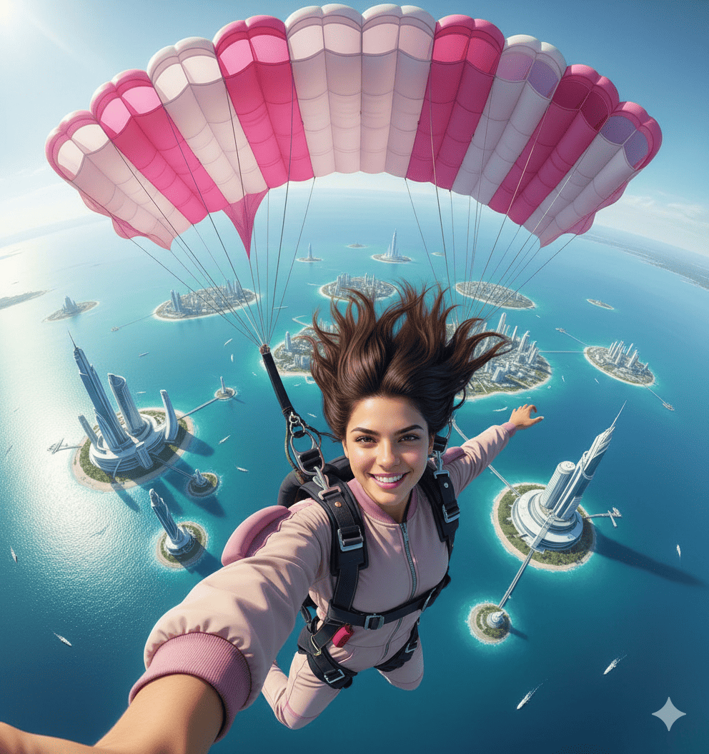 selfie en caida libre sobre isla futurista