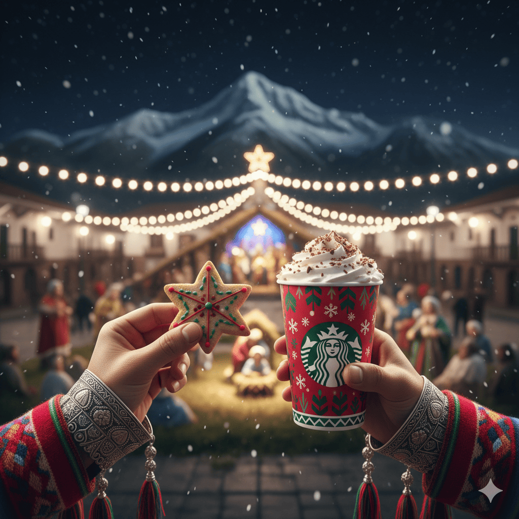 Un Starbucks con el fondo del Illimani
