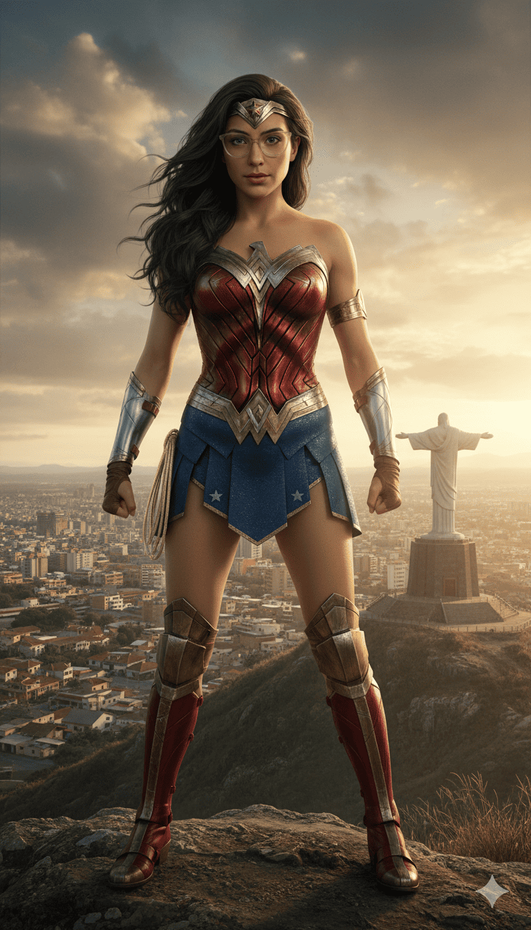 Mujer maravilla en el Cristo Redentor 